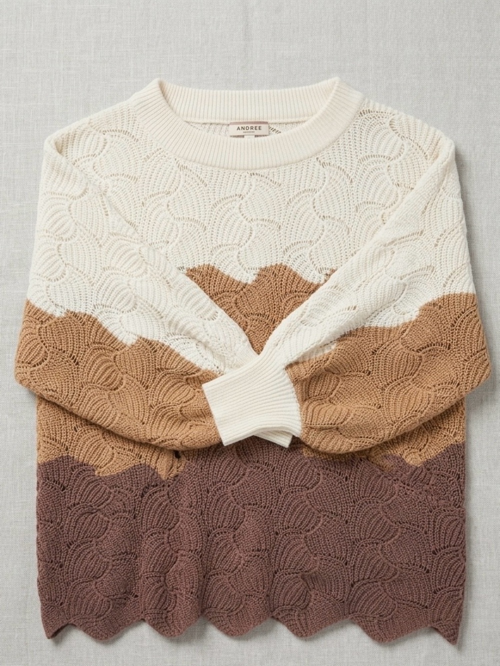 Andree Cream, Tan & Brown Wave Colorblock Knit Crewneck oversized Sweater